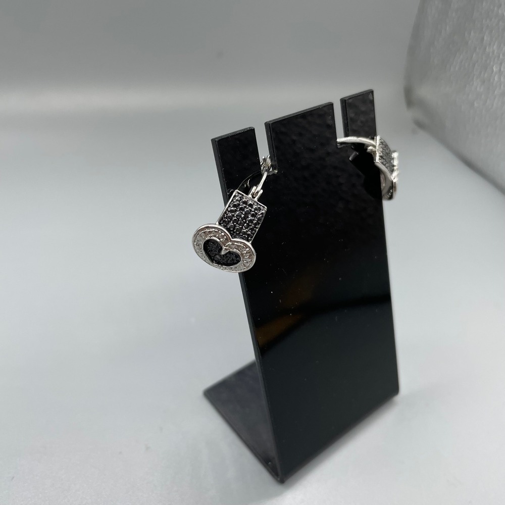 Silver toneBlack White Stone Heart Buckle Hoop Earrings Hinged Snap Post